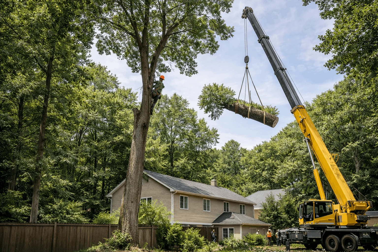 Crane-assisted tree removal lifting a large trunk section over a residential property