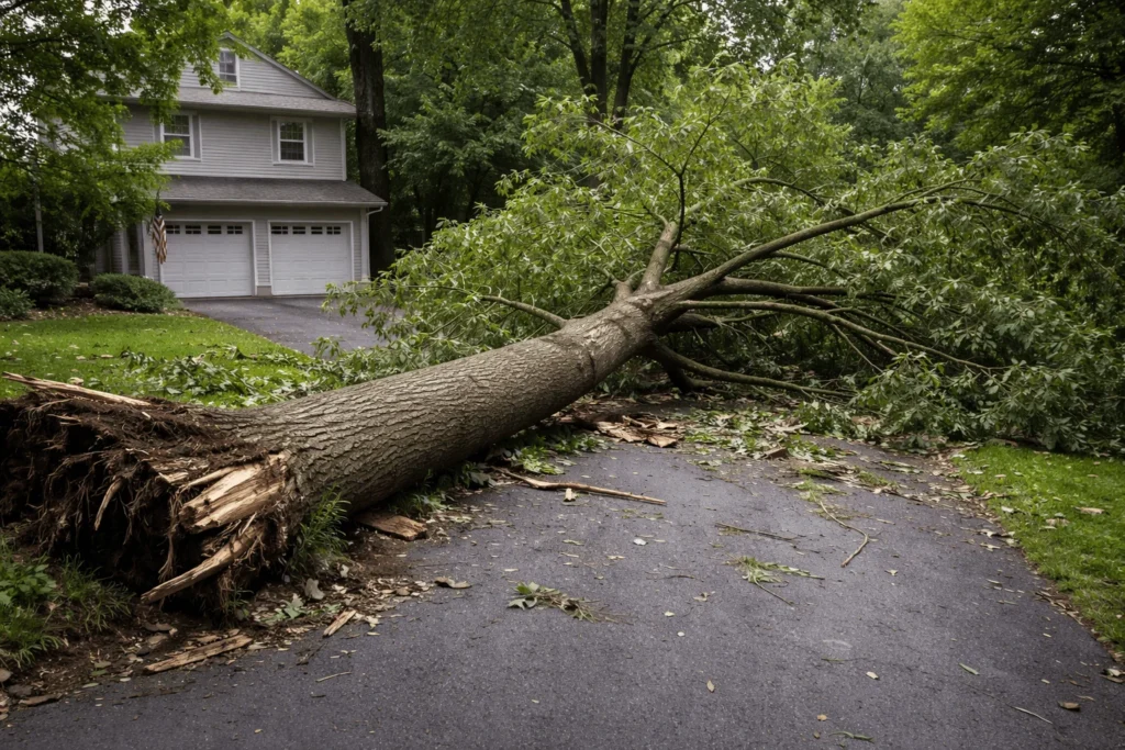 Large fallen tree blocking a residential driveway in Montgomery County MD