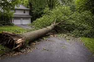 Large fallen tree blocking a residential driveway in Montgomery County MD