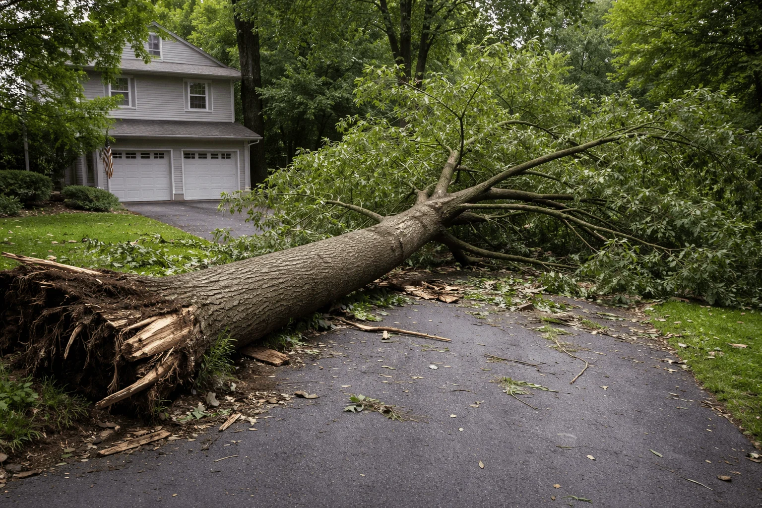 Large fallen tree blocking a residential driveway in Montgomery County MD