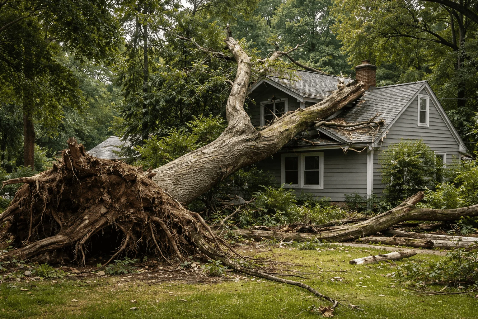 Hurricane tree damage removal scene with uprooted tree on Montgomery County home