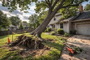 Leaning tree with exposed roots near a house in a Montgomery County yard