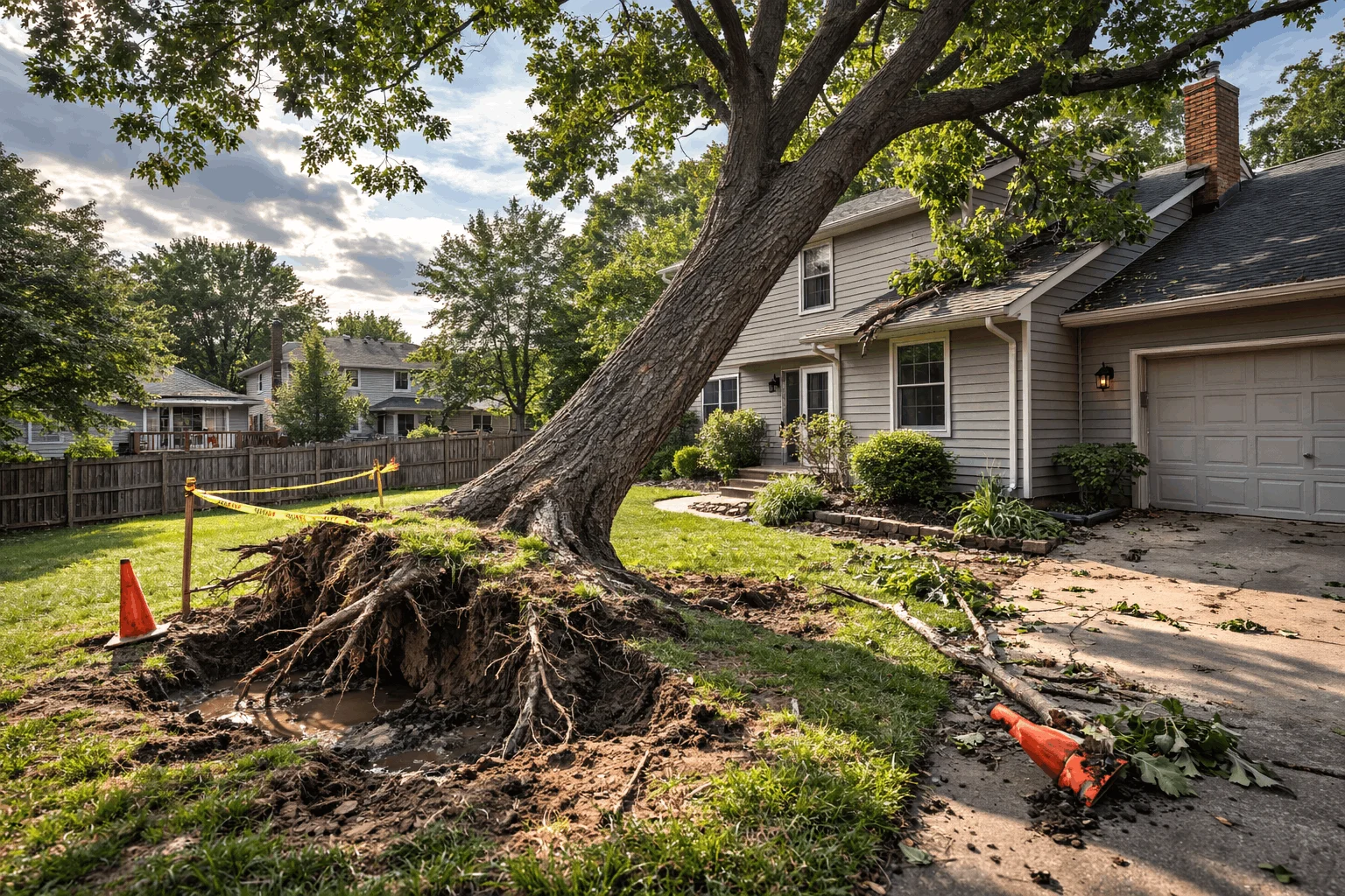 Leaning tree with exposed roots near a house in a Montgomery County yard