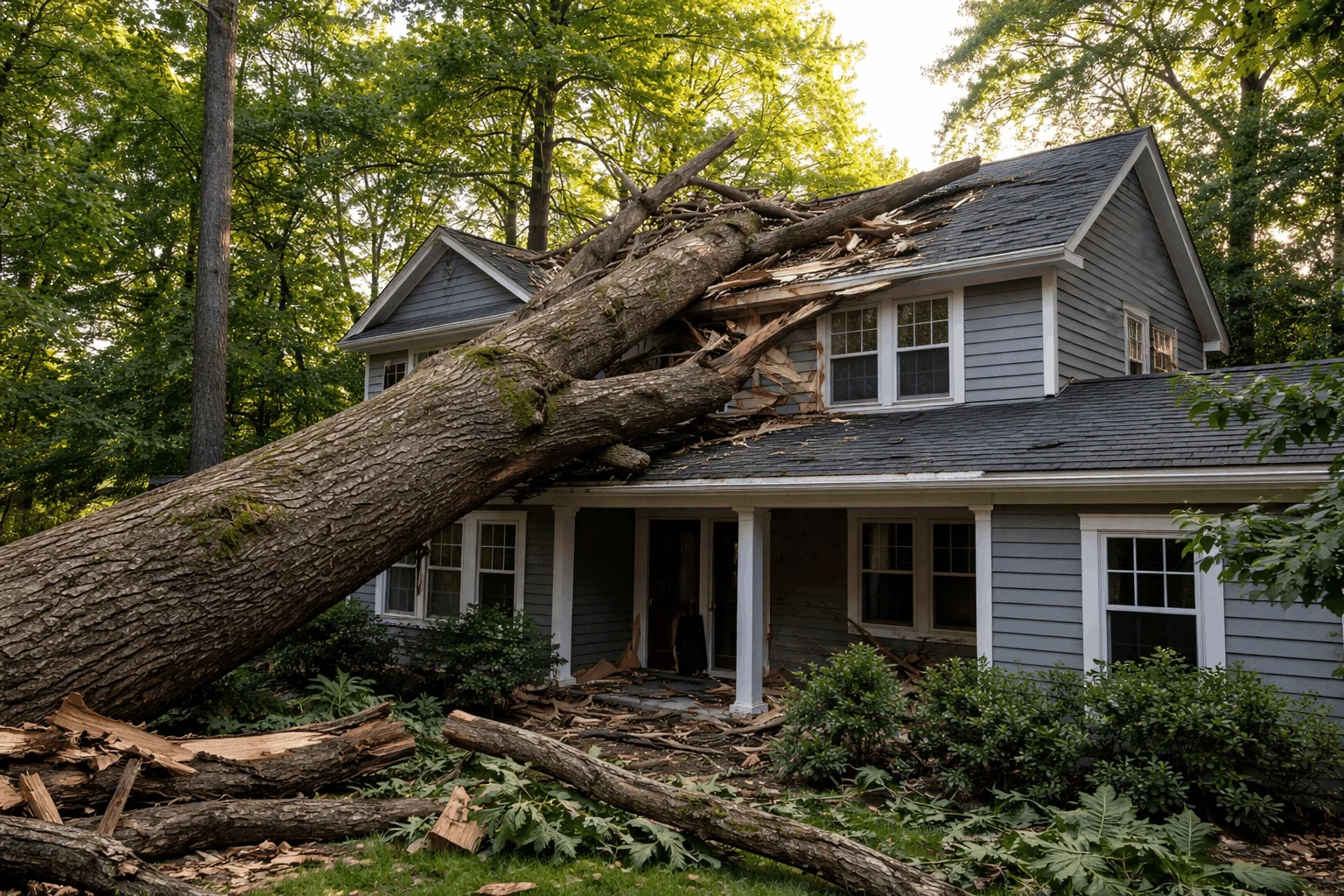 Large fallen tree resting across a home's roof after storm damage
