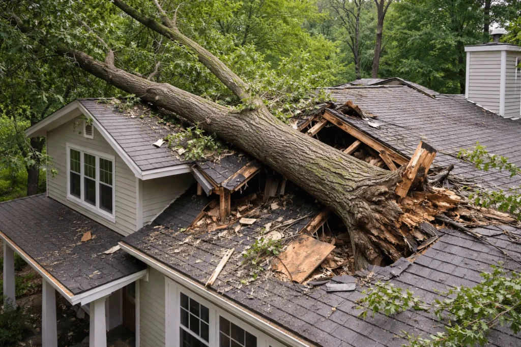Large tree fallen through a home's roof in Rockville MD