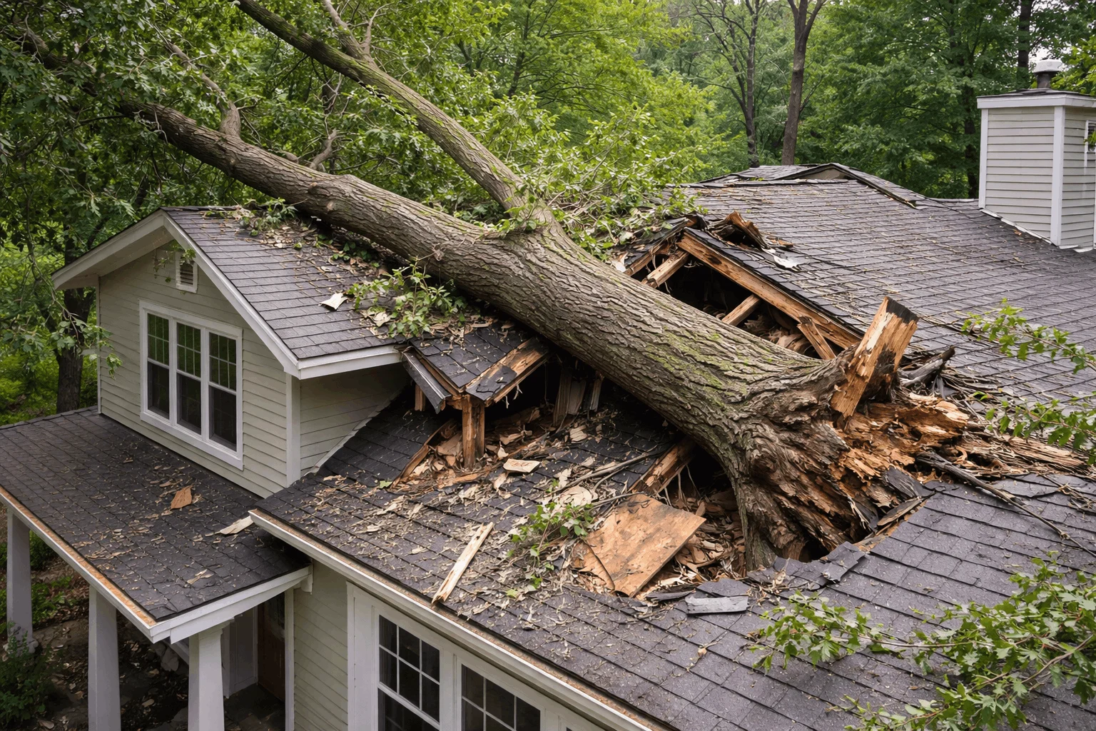 Large tree fallen through a home's roof in Rockville MD