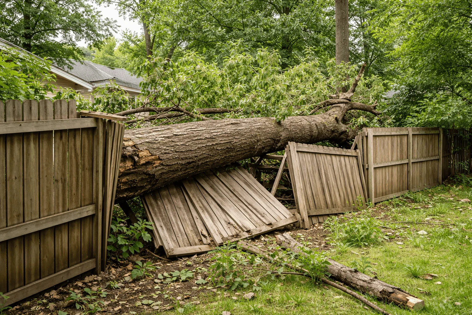 Fallen tree resting across a damaged backyard fence in Montgomery County MD