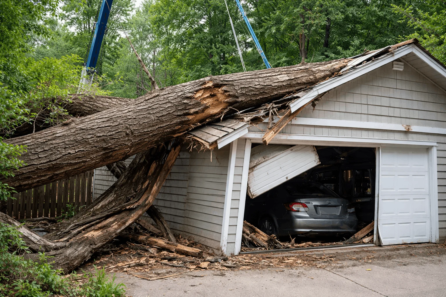 Large fallen tree resting on a damaged residential garage roof