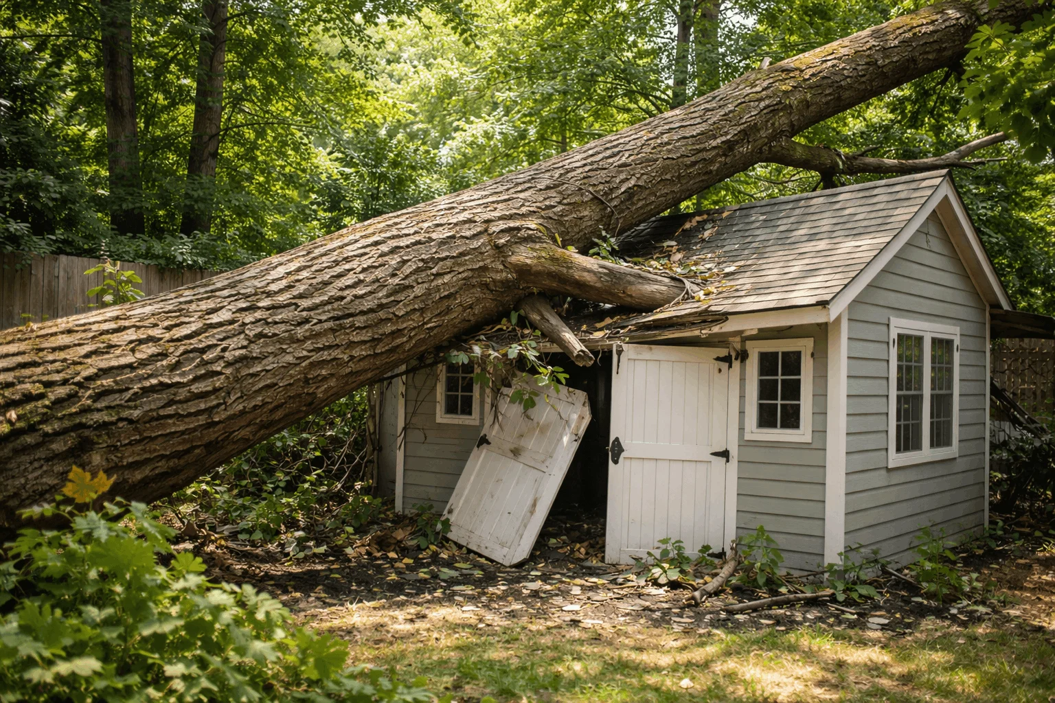 Tree on shed removal from a damaged backyard shed in Montgomery County, MD