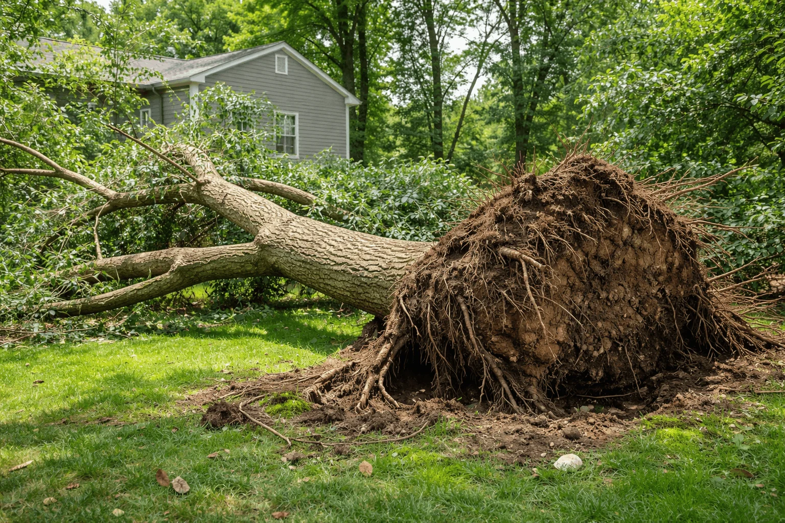 Uprooted tree lying across a residential yard with exposed roots after a storm