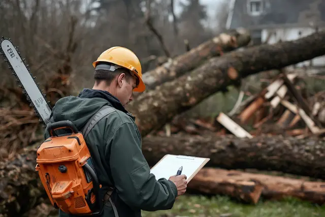 tree removal specialist inspecting a fallen tree demonstrating how to document tree damage in Montgomery County Maryland