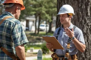 homeowner asking an emergency tree removal professional questions prior to service